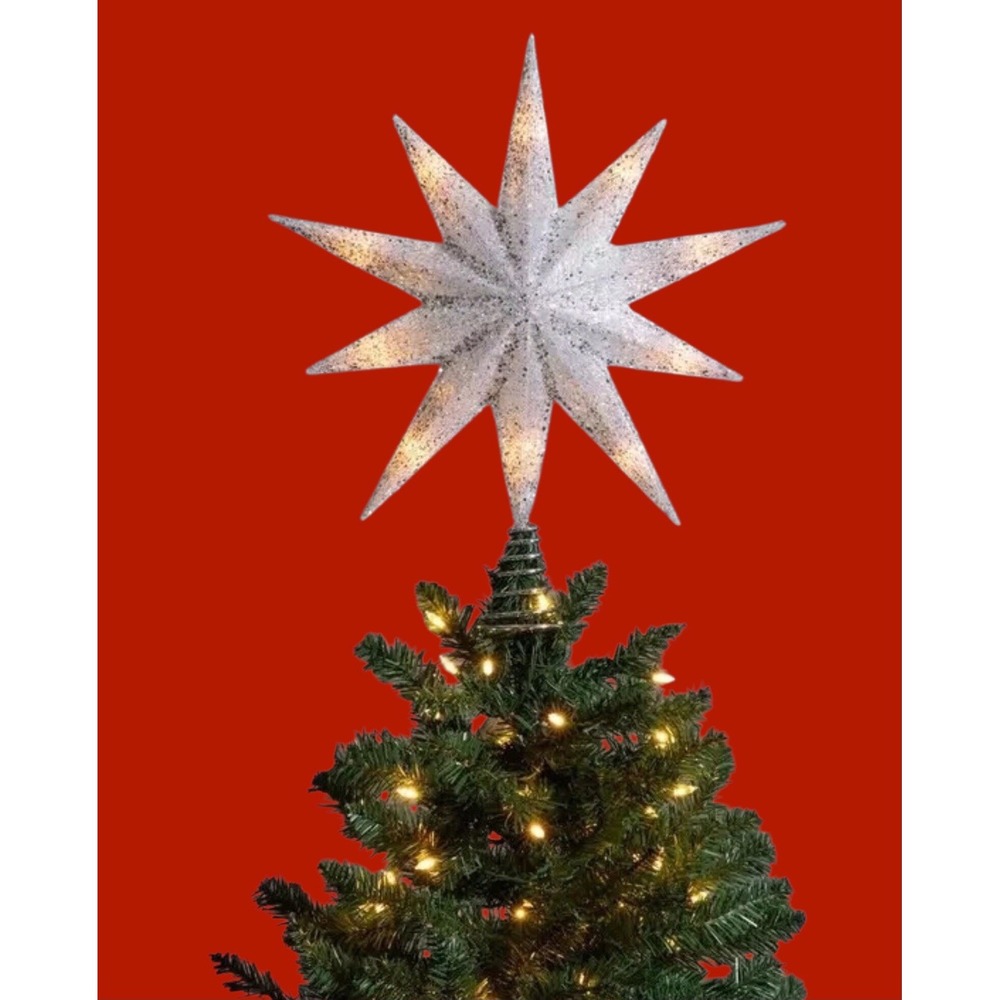 New Christmas Shoppe LED Electric Tree Topper Silver Glitter Star‎ Warm Lights